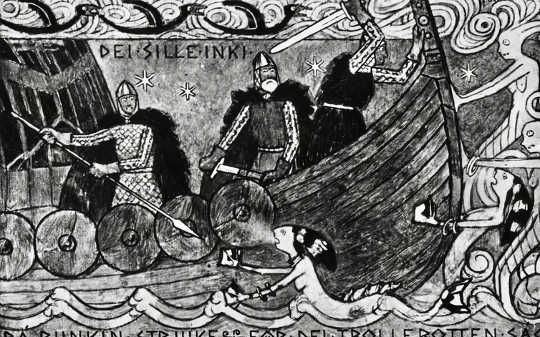 A Danish Viking ship under attack by mermaids, circa 1200. A Danish Viking ship under attack by mermaids, circa 1200. (mermaids are not real but they have fascinated people around the world for ages)