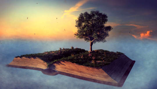 Do You Believe in Miracles? Image of an open book floating in the sky with a tree growing out of the open book