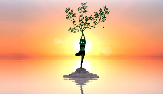 Change Can Bring New Life and Energy woman in a yoga tree pose with a tree growing out of the crown of her head