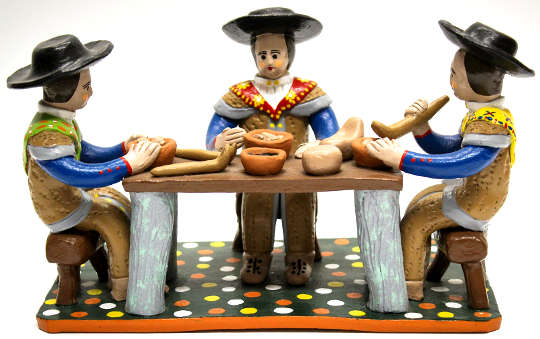 Everybody Eats Earth in Some Way or Another clay figurines sitting at a table eating food made of clay