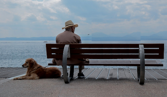 Letter to my Sons: Choices, Children, and Life man sitting on a bench with his dog laying on the ground at hsi side