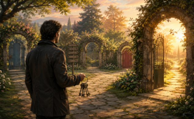 A man holding a set of keys facing numerous doors with only one being wide open