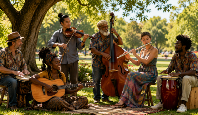 a group of people playing a variety of musical instruments in a park setting